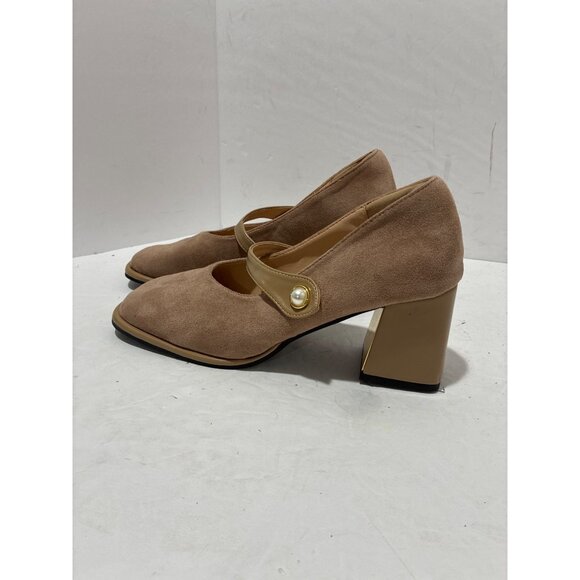 suedette faux suede Shoes Womens cream pearl Mary jane cube heel size 40 - Picture 1 of 6